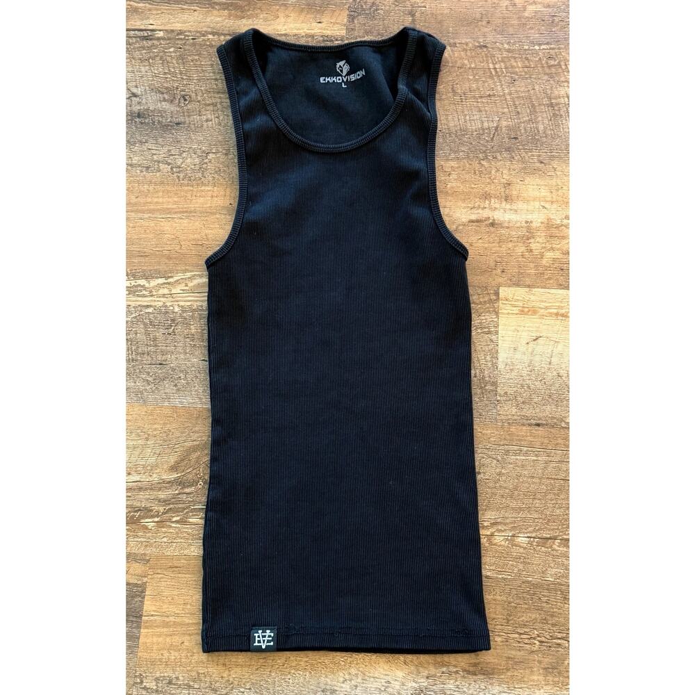 EKKOVISION Fitted Muscle Tank Black Ribbed Gym Beater L